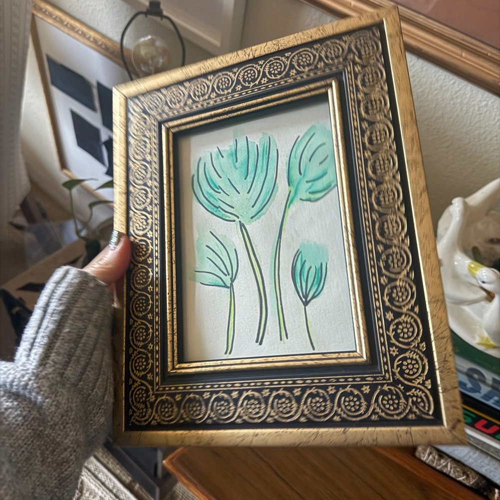 Vintage  Gold and Black Picture Frame with original watercolor Floral Art 5x7”